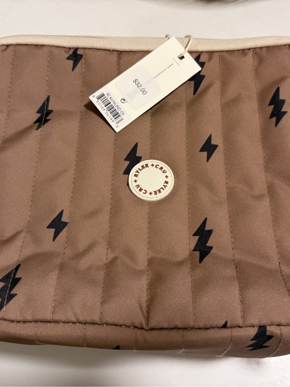 Rylee + Cru Brown Quilted Lunch Bag with Black Lightning Bolt Print
